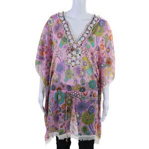 Cindi Gindi Womens Pink Floral Breaded V-Neck Short Sleeve Tunic Top Size S